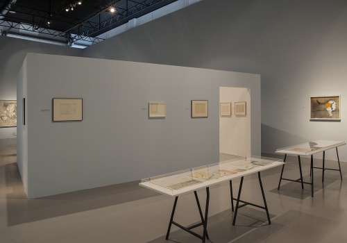Zdjęcie, dokumentacja wystawy prac Franciszki Themerson pod tytułem „Linie życia”, we wnętrzu Sali Wystawienniczej CSW ŁAŹNIA 1 na Dolnym Mieście. Prace artystki prezentowane są na ścianach i w szklanych gablotach.