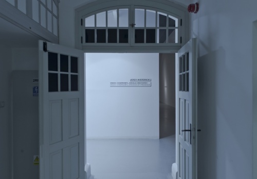 Zdjęcie, w centrum kadru znajduje się wejście do Sali Wystawienniczej. Szeroko otwarte, białe drzwi, zapraszają na wystawę.