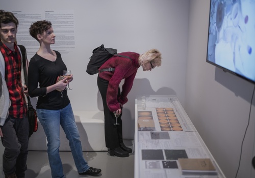 14.	Grupa uczestników wernisażu przygląda się pracom na wystawie, umieszczonymi pod ścianą.
