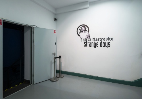 Czarno – biała grafika na ścianie przedstawiająca postać w długich włosach na tle logotypu CSW Łaźnia. Pod postacią widoczny jest napis „Andrea Mastrovito - Strange Days”