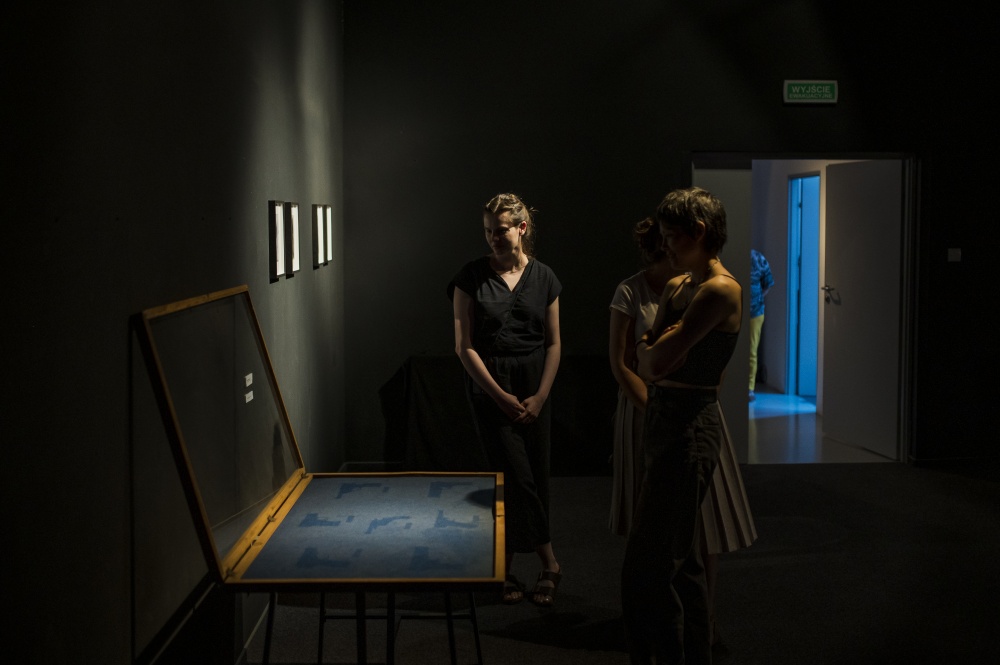2.	Trzy osoby przyglądające się pustej gablocie w ciemnej sali wystawienniczej. 