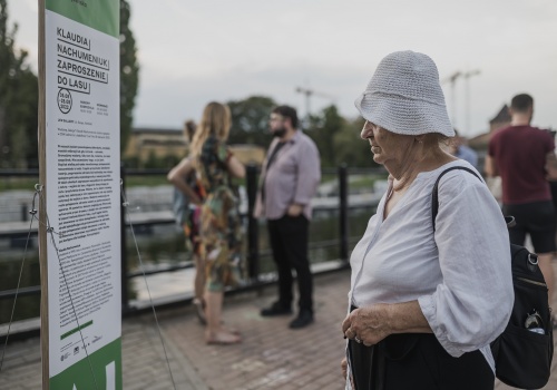 Kadr na starszą kobietę czytającą informacje o wystawie na standzie przed galerią LKW.