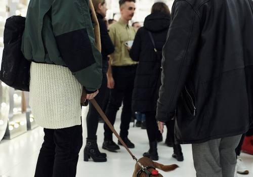 Zdjęcie. Para osób wchodząca do sali wystawienniczej. Kobieta trzyma na smyczy psa. 