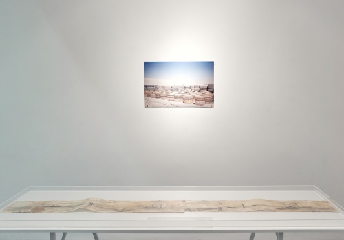 Zdjęcie. Na ścianie fotografia z pejzażem pustynnym i stertą zużytych opon. Niżej w gablocie rysunek ołówkiem na woskowanych arkuszach, artysta przedstawił górzysty pejzaż z przemysłowymi obiektami. Prace autorstwa Francisco Peró Domeyko. 
