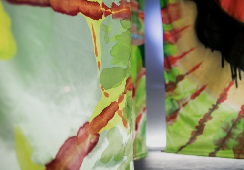 Fotografia pionowa przedstawiająca detal pracy „Wonsz” wewnątrz kontenera LKW Gallery. Na zdjęciu widać zbliżenie na tkaniny pomalowane na jasne, żywe kolory (czerwony, zielony, żółty): plamy układające się w psychodeliczne, abstrakcyjne, rozmyte kształty. 