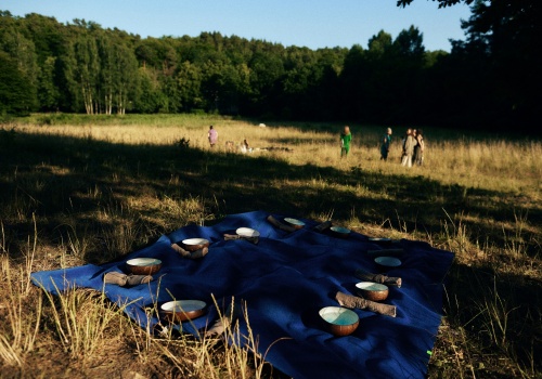 Zdjęcie. Na pierwszym planie widoczna jest niebieska tkanina rozłożona na trawie, na której znajduje się dziewięć bambusowych miseczek oraz serwetek. Na horyzoncie widać las oraz polanę, na której znajduje się grupa osób