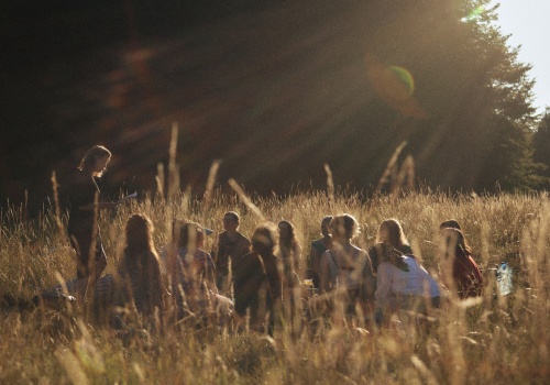 Zdjęcie. Grupa kobiet siedzi na polane w wysokiej trawie. Jedna kobieta stoi w lewej części kadru. Zdjęcie wykonane pod słońce.